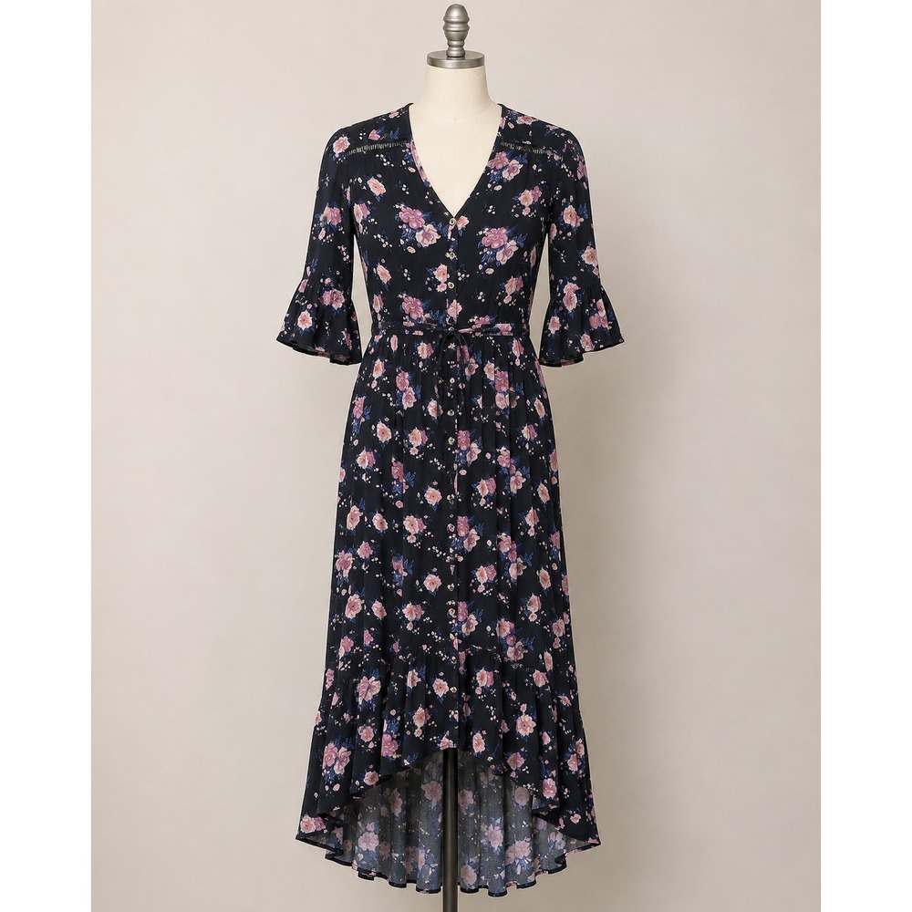 American Eagle Floral Hi-Low Dress Womens S Navy Blue Excellent Boho Ruffle